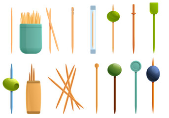 Toothpick icons set. Cartoon set of toothpick vector icons for web design - obrazy, fototapety, plakaty
