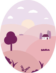 Illustration of a Sunny day landscape. in flat style. Mountains and a house . Background for summer camp, nature tourism, camping or Hiking design concept.
