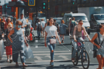 Face recognition and personal identification technologies in street surveillance cameras, law enforcement control. - obrazy, fototapety, plakaty