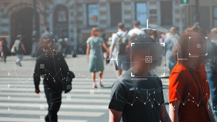Face recognition and personal identification technologies in street surveillance cameras, law enforcement control. - obrazy, fototapety, plakaty