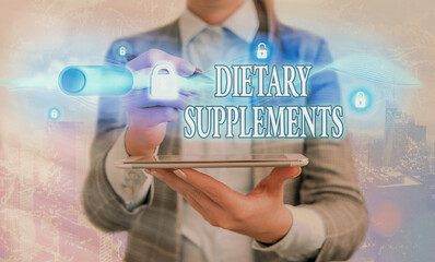 Handwriting text writing Dietary Supplements. Conceptual photo product intended to supplement the...