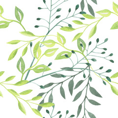 Twigs and leaves seamless pattern in watercolor