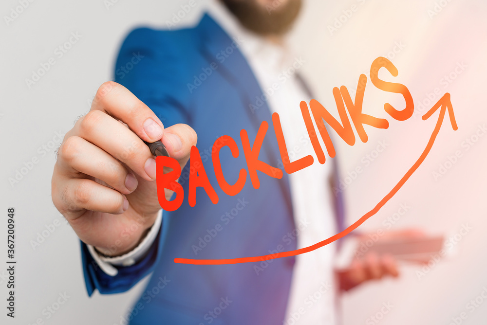 Poster Writing note showing Backlinks. Business concept for links from one website to a page on another website or page Digital arrowhead curve denoting growth development concept