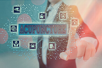 Writing note showing Acupuncture. Business concept for system of integrative medicine involve...