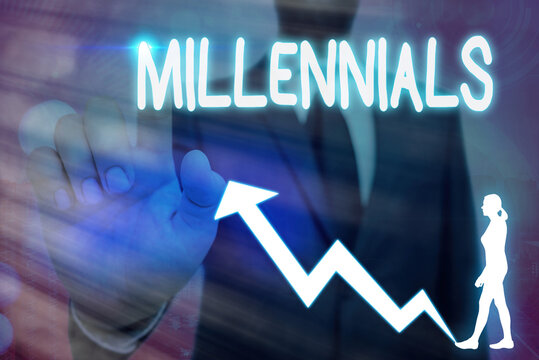 Conceptual hand writing showing Millennials. Concept meaning an individual reaching young adulthood in the early 21st century Arrow symbol going upward showing significant achievement