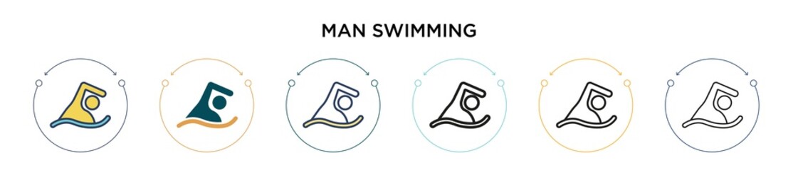 Man swimming icon in filled, thin line, outline and stroke style. Vector illustration of two colored and black man swimming vector icons designs can be used for mobile, ui, web