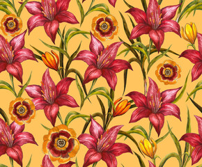 Flower pattern with red lilies.