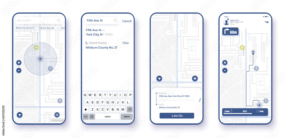 Poster map gps navigation, smartphone map application and red pinpoint on screen, app search map navigation