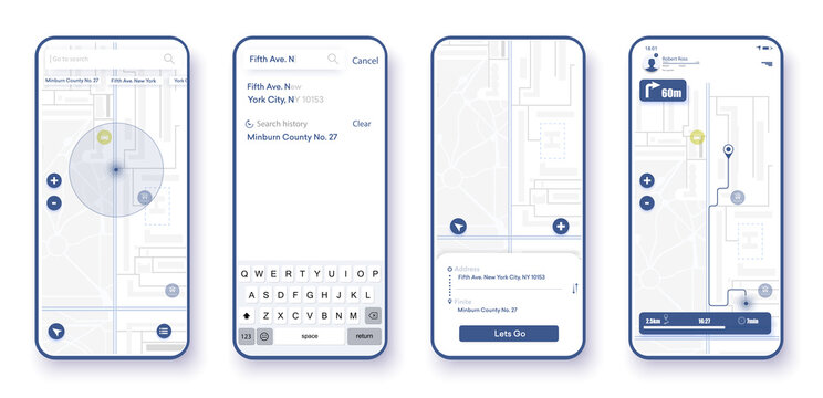 Map GPS navigation, Smartphone map application and red pinpoint on screen, App search map navigation.  Public transport locations screen. Flat UI, UX for application. City map with GPS tags on display