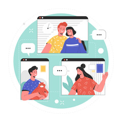 Friends meeting online. Vector illustration in trendy flat style of computer and smartphone screens with young people talking during a video call. Isolated on background