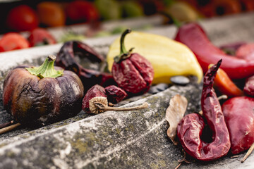 Dried vegetables - chili peppers, eggplant, bell peppers. Outdoor dried vegetables.