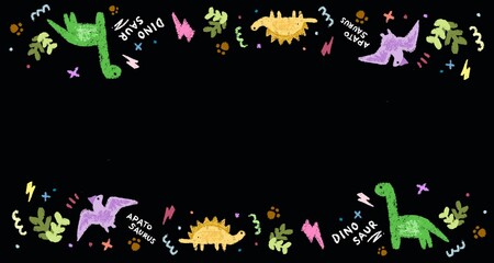Colorful dinosaur cartoon characters illustration, frame border in crayon color pencil style on black background.