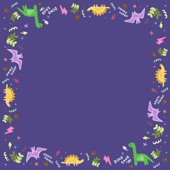 Colorful dinosaur cartoon characters illustration, frame border in crayon color pencil style.