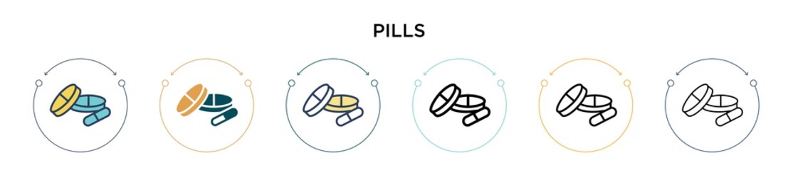 Pills icon in filled, thin line, outline and stroke style. Vector illustration of two colored and black pills vector icons designs can be used for mobile, ui, web