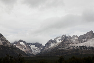 The alps. View of the forest and mountain range with rocky peaks, under a dramatic cloudy sky.