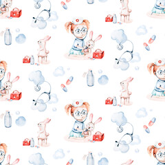 Cute cartoon animal doctor seamless pattern. Background pills, ambulance, mask, bacteria, viruses, coronavirus. Watercolor hand drawn boy and girl doctor set