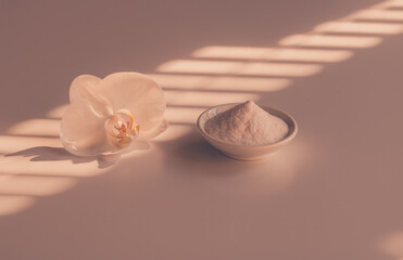 Still life with orchid flower and collagen powder in a soft light.