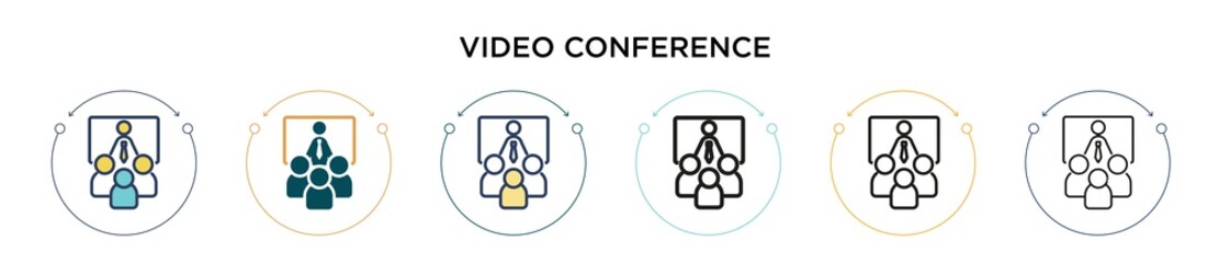 Video conference icon in filled, thin line, outline and stroke style. Vector illustration of two colored and black video conference vector icons designs can be used for mobile, ui, web