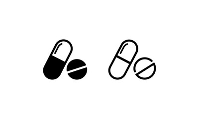 Pills. Medicament. Black and white icon set. Vector on isolated white background. EPS 10