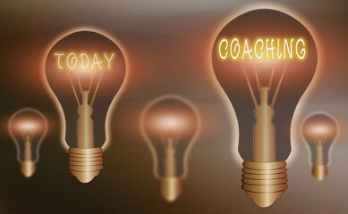 Conceptual hand writing showing Coaching. Concept meaning to instruct, direct, or prompt as a coach to subordinates Realistic colored vintage light bulbs, idea sign solution