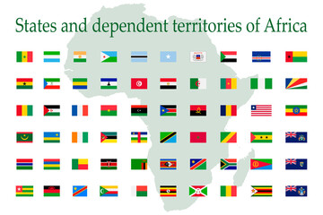 A set of African flag icons on a white background. Vector image of flags of States and dependent territories of Africa. You can use it to create a website, print brochures, booklets, flyers.
