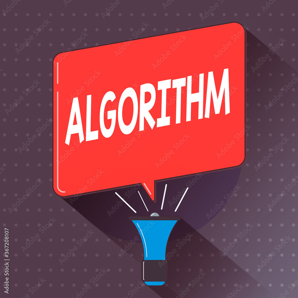 Poster Text sign showing Algorithm. Business photo text procedure for solving a problem or accomplishing tasks etc. Megaphone Make Voice Louder Handheld Amplifier and Blank Speech Bubble