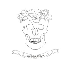 Dia de muertos banner. Skull anphase in rose wreath hand drawn graphic ink sketch stock vector illustration for web, for print 