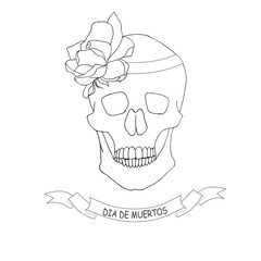 Day of the dead banner. Skull profile with rose hand drawn graphic ink sketch stock vector illustration for web, for print