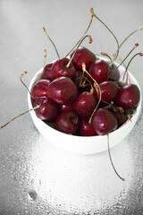 White bowl of cherries