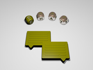 3D representation of chat with icon on the wall and text arranged by metallic cubic letters on a mirror floor for concept meaning and slideshow presentation. illustration and communication
