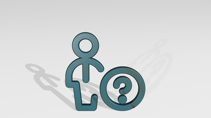 SINGLE MAN ACTIONS QUESTION made by 3D illustration of a shiny metallic sculpture casting shadow on light background. icon and isolated