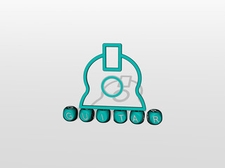 3D illustration of guitar graphics and text made by metallic dice letters for the related meanings of the concept and presentations. background and acoustic