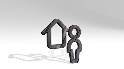 REAL ESTATE HOUSE PERSON casting shadow with two lights. 3D illustration of metallic sculpture over a white background with mild texture. concept and building