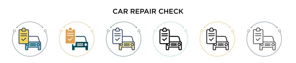 Car repair check icon in filled, thin line, outline and stroke style. Vector illustration of two colored and black car repair check vector icons designs can be used for mobile, ui, web