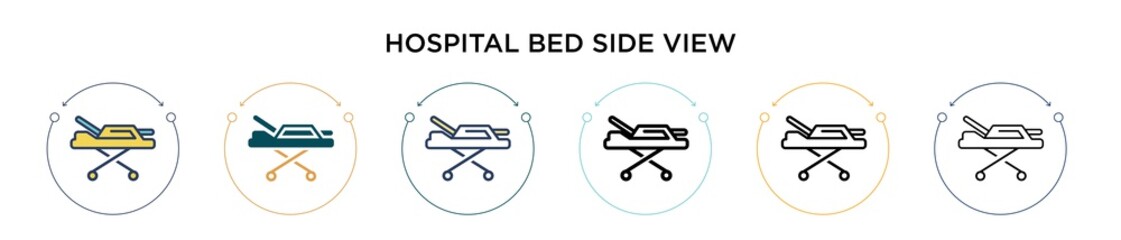 Hospital bed side view icon in filled, thin line, outline and stroke style. Vector illustration of two colored and black hospital bed side view vector icons designs can be used for mobile, ui, web