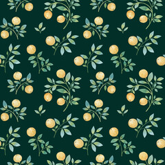 a pattern of branches and oranges. Citrus and branches with leaves painted with watercolor on a gentle, green background. seamless watercolor ornament.