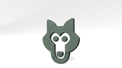 WOLF casting shadow with two lights. 3D illustration of metallic sculpture over a white background with mild texture. animal and design