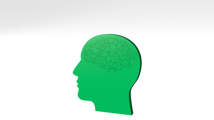 HUMAN HEAD on the wall. 3D illustration of metallic sculpture over a white background with mild texture. concept and icon