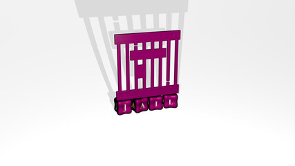 3D representation of jail with icon on the wall and text arranged by metallic cubic letters on a mirror floor for concept meaning and slideshow presentation. prison and illustration