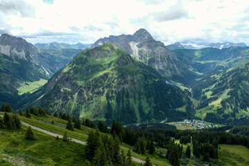 Naklejka premium Panoramic view over the valley of Kleinwalsertal and the allgaeu alps, Kleinwalsertal, Vorarlberg, Austria, Europe