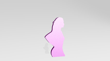 WOMAN SIDE VIEW on the wall. 3D illustration of metallic sculpture over a white background with mild texture. beautiful and young