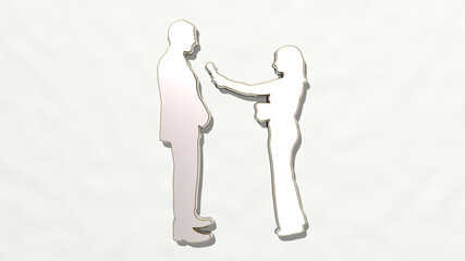 man and woman interview made by 3D illustration of a shiny metallic sculpture on a wall with light background. beautiful and young