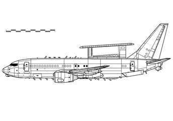 Boeing 737 AEW&C, E-7A Wedgetail. Vector drawing of airborne early warning and control aircraft. Side view. Image for illustration and infographics.