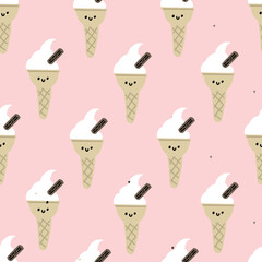 Seamless PINK colorful SOFT SERVE Ice cream cone pattern with chocolate. Light pink summer pattern.