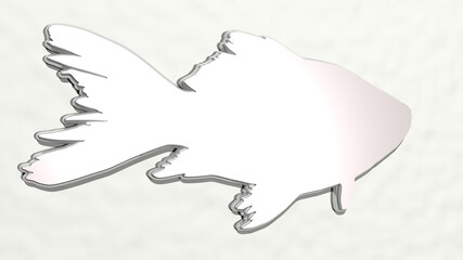 Obraz premium fish made by 3D illustration of a shiny metallic sculpture on a wall with light background. animal and food