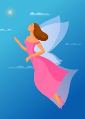 Hand drawn illustration, flying girl with wings