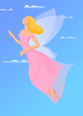 Hand drawn illustration, flying girl with wings