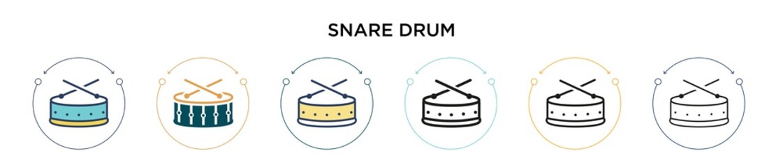 Snare drum icon in filled, thin line, outline and stroke style. Vector illustration of two colored and black snare drum vector icons designs can be used for mobile, ui, web