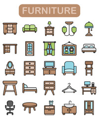 Furniture icon set, lineal color style