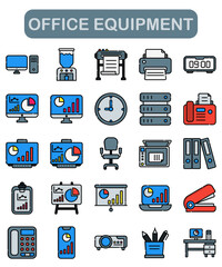 Office equipment icon set, lineal color style